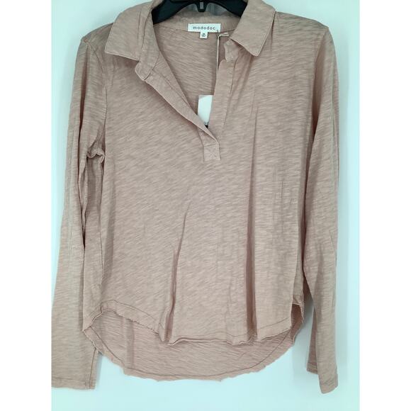 Mododoc Womens XS Pink Peach Slub Jersey Easy Polo Tee Shirt Long Sleeve MM35-7 - Picture 4 of 11
